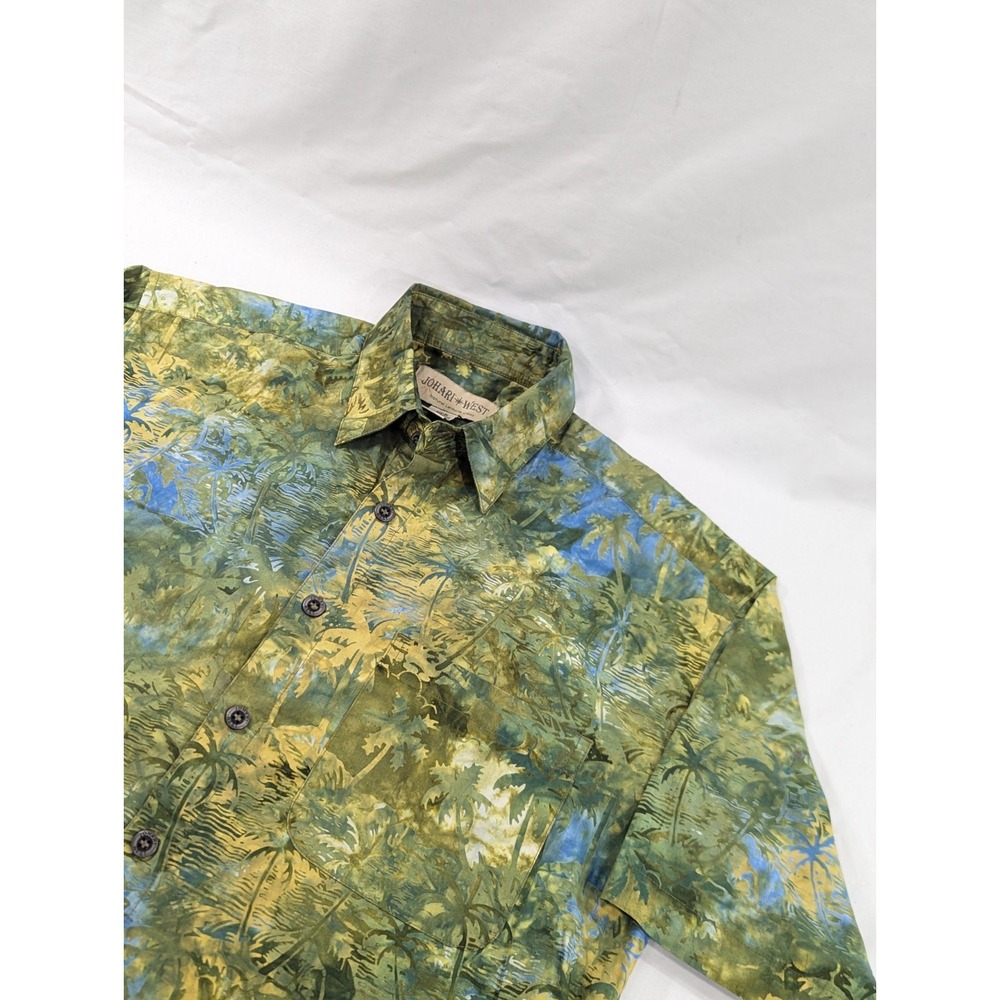 Johari West Shirt Men Medium Green Batik Leaf Print Button Up Casual 100% Cotton
